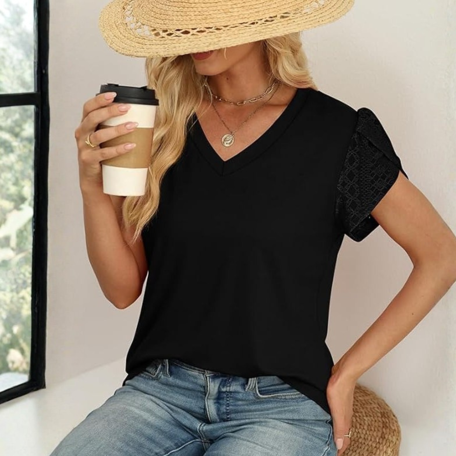 Women Tops Dressy Casual Petal Sleeve Summer Spring Short Sleeve Shirts Work Business Vacation Clothes