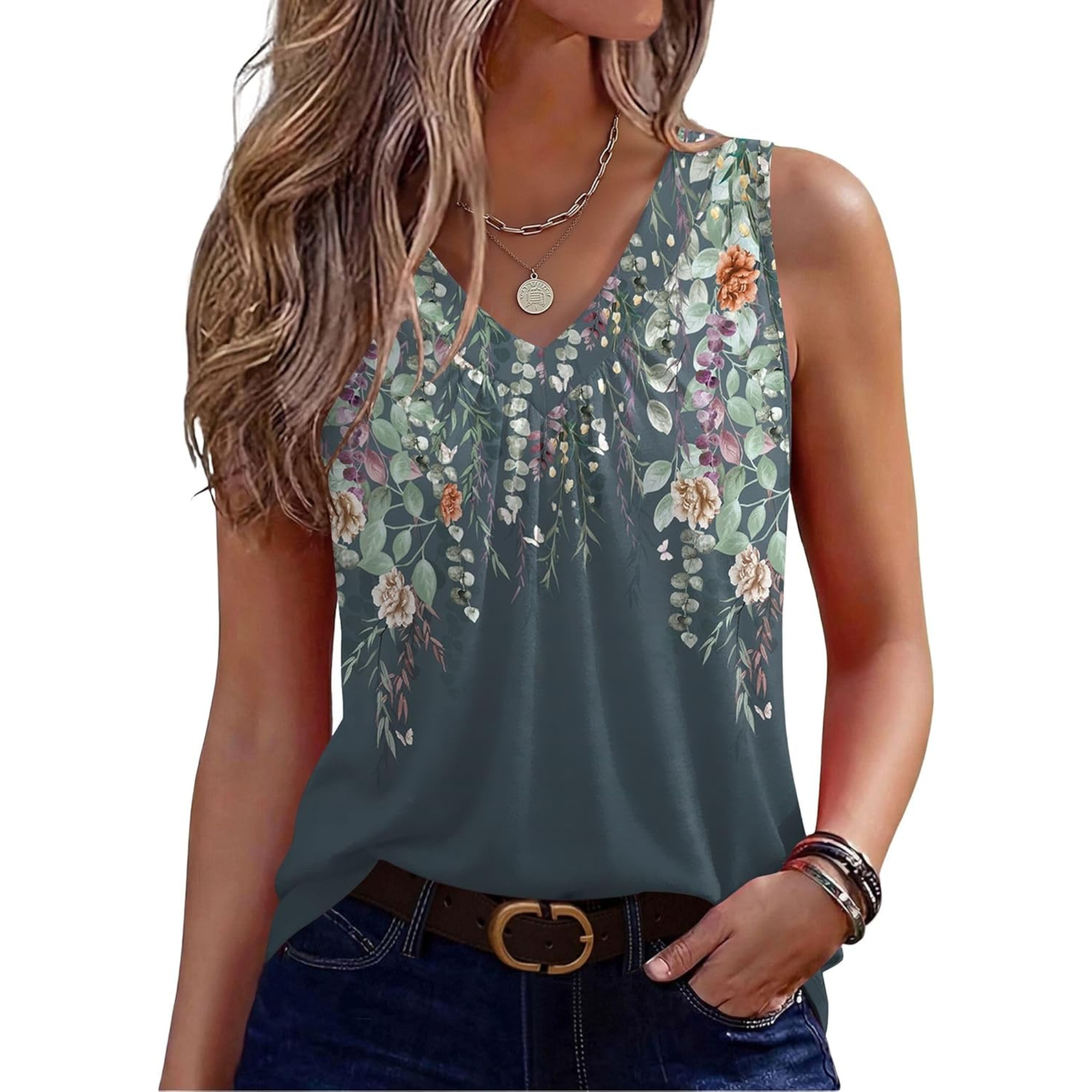 Womens Tank Tops Summer Sleeveless Loose Fit Tops V Neck Pleated Shirts Basic Tees Dressy Casual Trendy Clothes