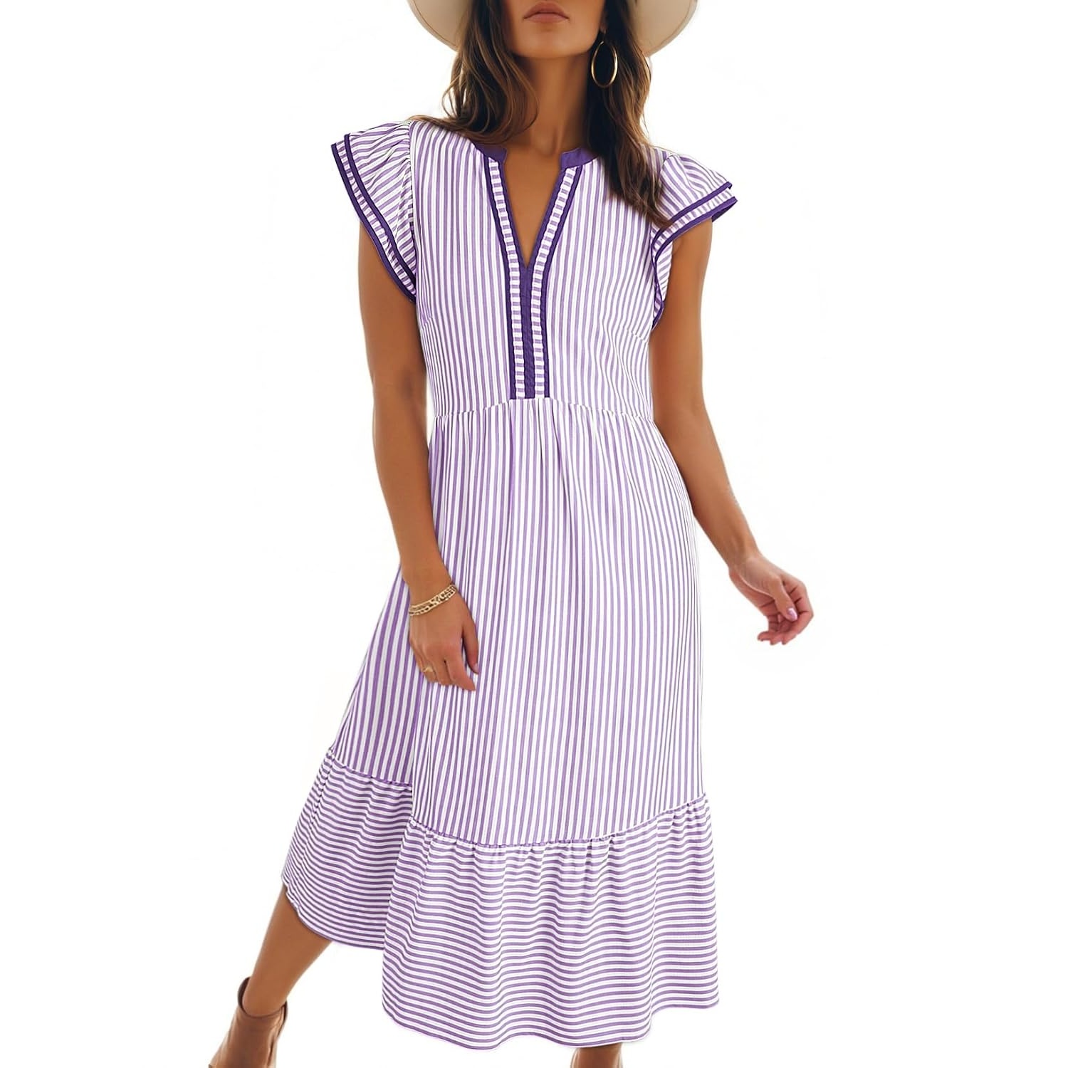 Summer Striped Ruffle Sleeve Midi Dress With Pockets