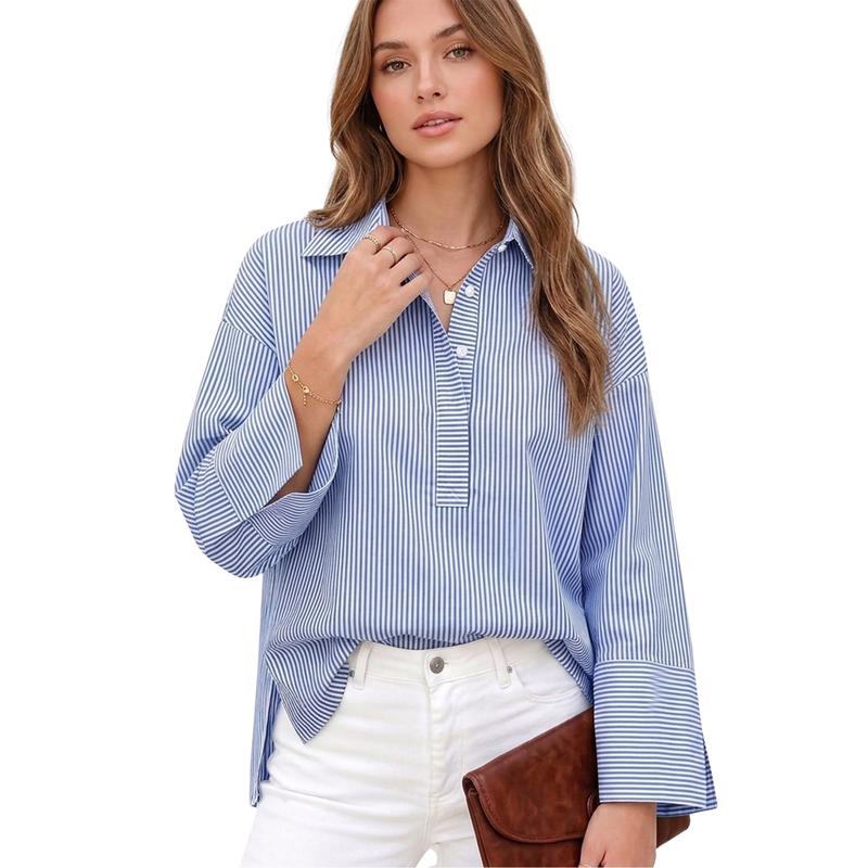 Striped Oversized Collared Button Down Casual Top for Women