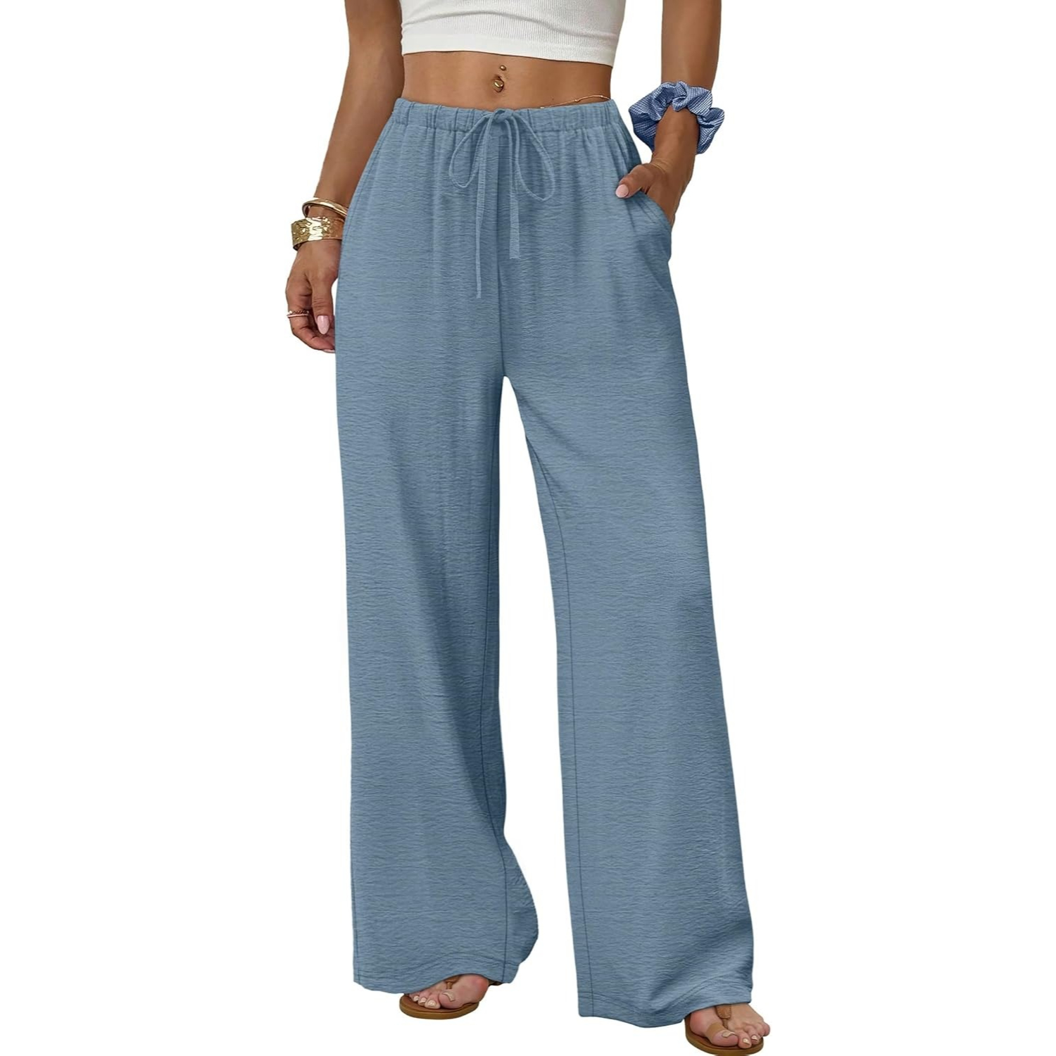 Wide Pants for Women Flowy Palazzo Drawstring Elastic Trousers with Pockets Summer Beach Vacation Clothes