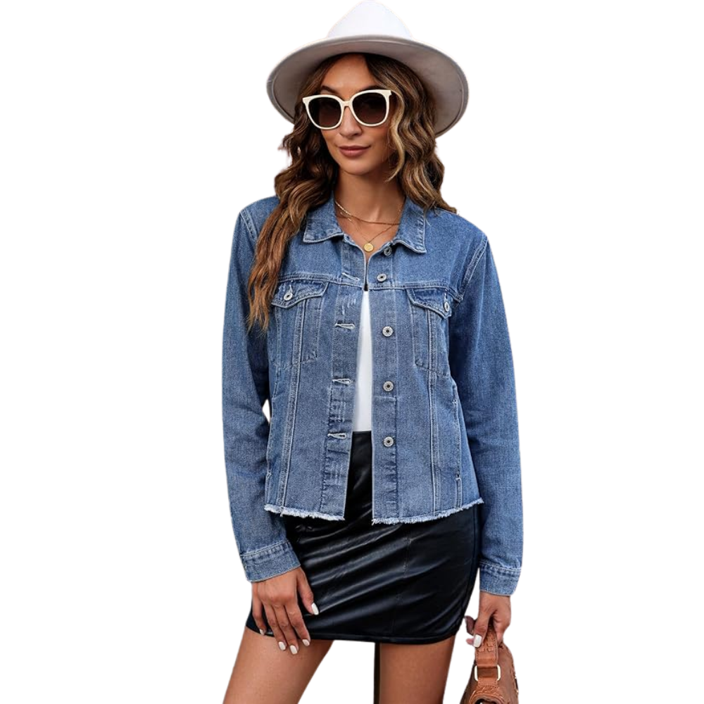 Women’s Distressed Denim Jacket Vintage Button Up Trucker Style
