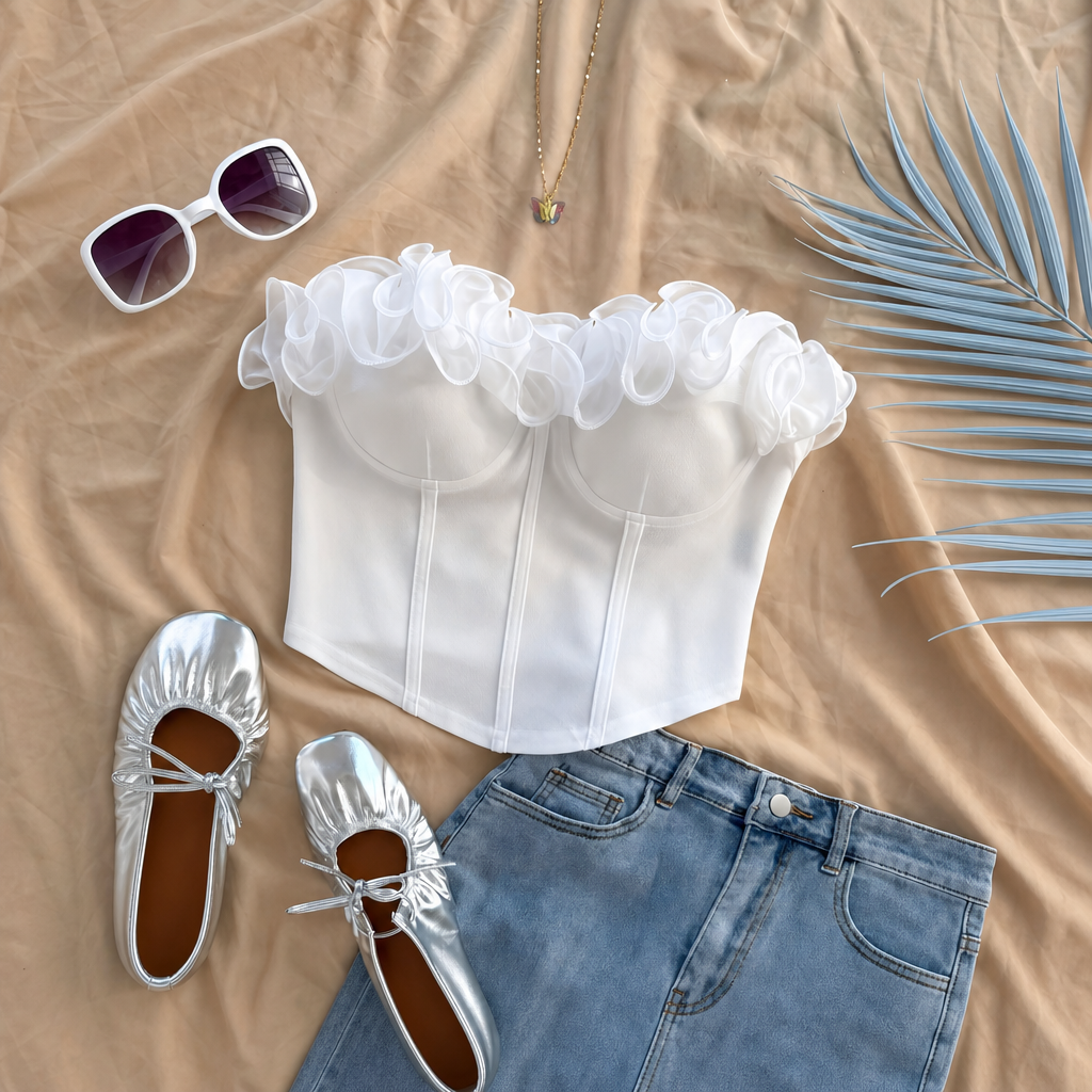 Solid Ruffle Top Suitable With Tie For Women