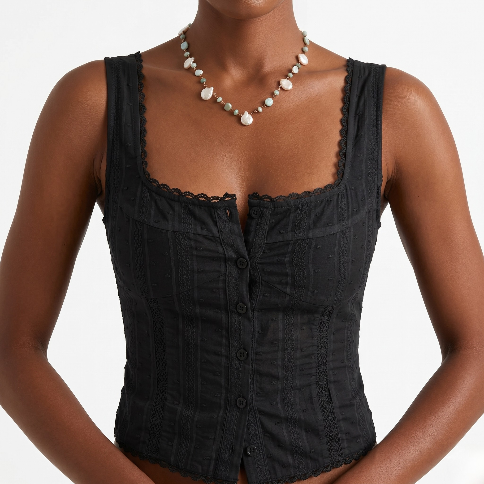 Textured Patchwork Lace Trim Summer Tank Top For Women