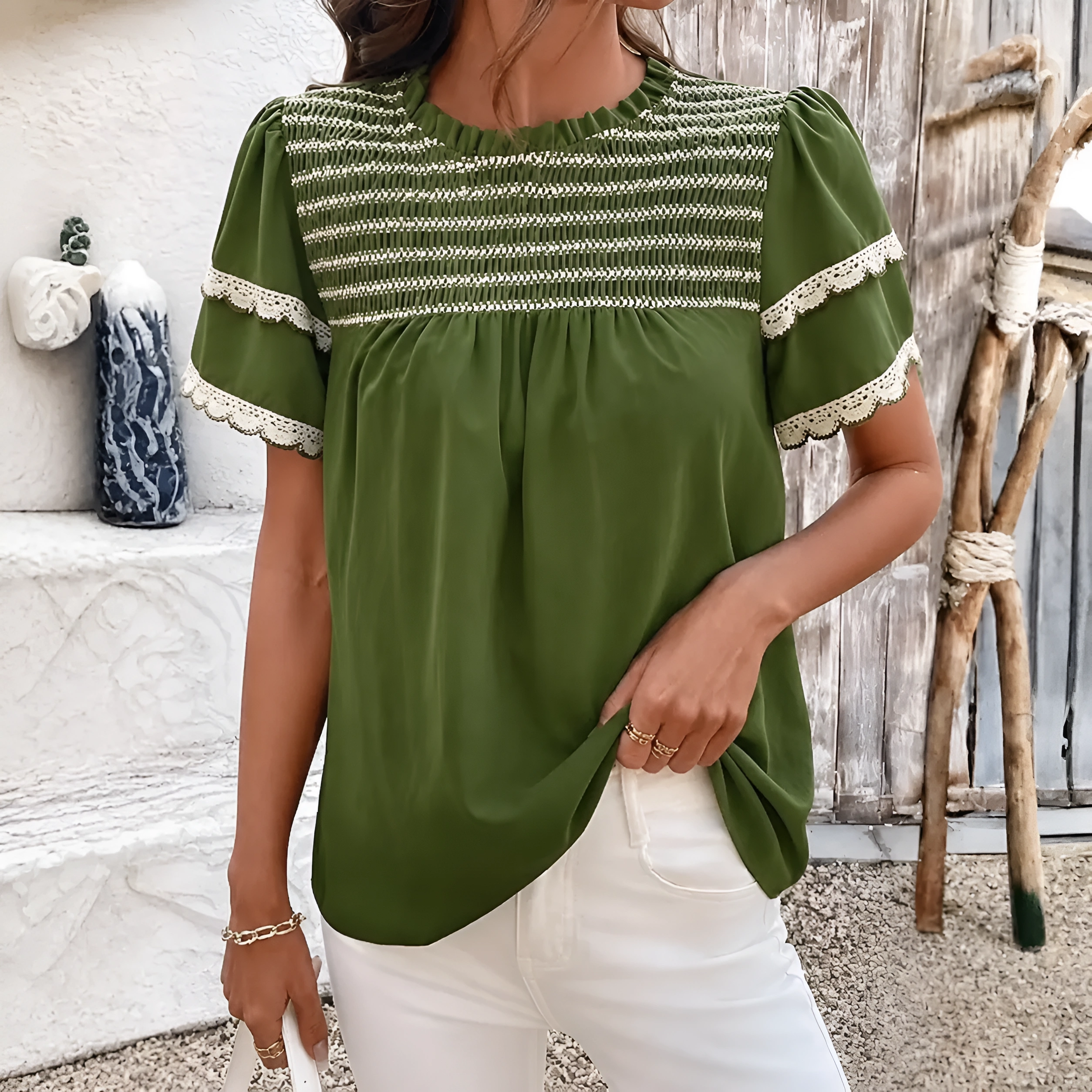 Women Summer Tops Crewneck Ruffle Short Sleeve Casual Pleated Blouses