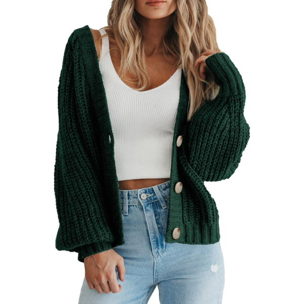 Women's Chunky Knit Open Front Sweater Long Sleeve Button Loose Short Cardigan Outerwear Coats