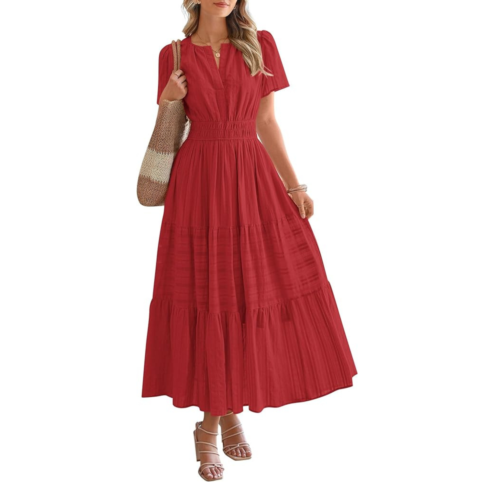 Womens Summer 2026 Casual Midi Maxi Dresses Lightweight Short Sleeve V Neck Elastic Waist Boho Beach Dress Pockets