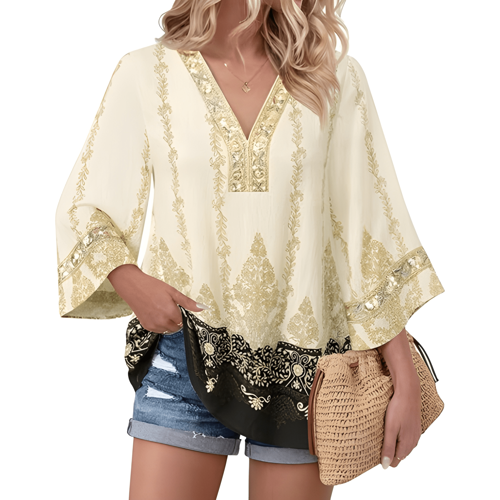 Women Boho Style Embroidered Sleeve Tunic Blouse For Casual Wear