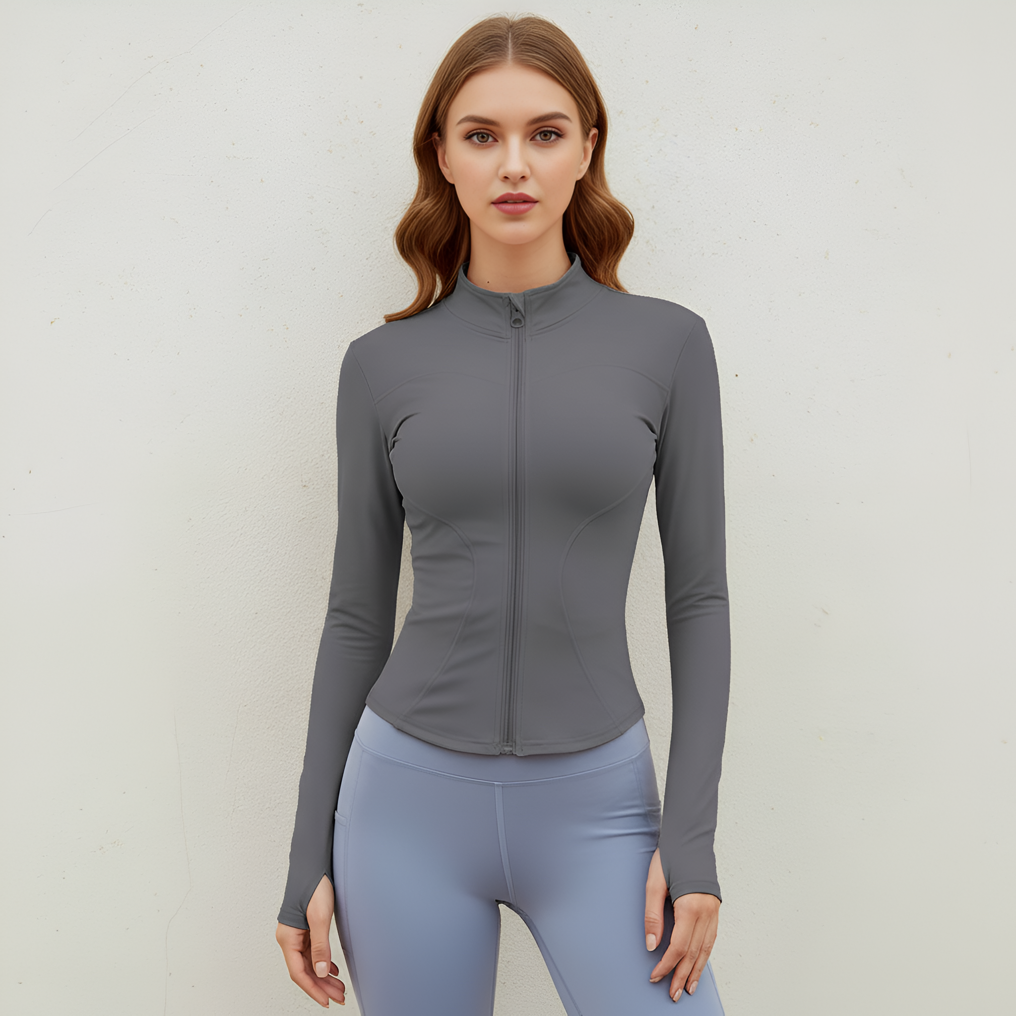 Women Thumb Holes Solid Zip Up Mock Neck Spring Sports Jacket