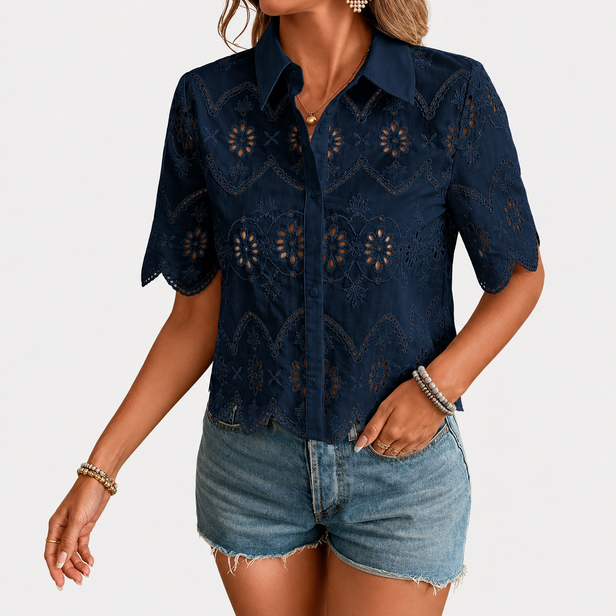 Down Collared Blouses Embroidery Eyelet Short Sleeve With Button For Women