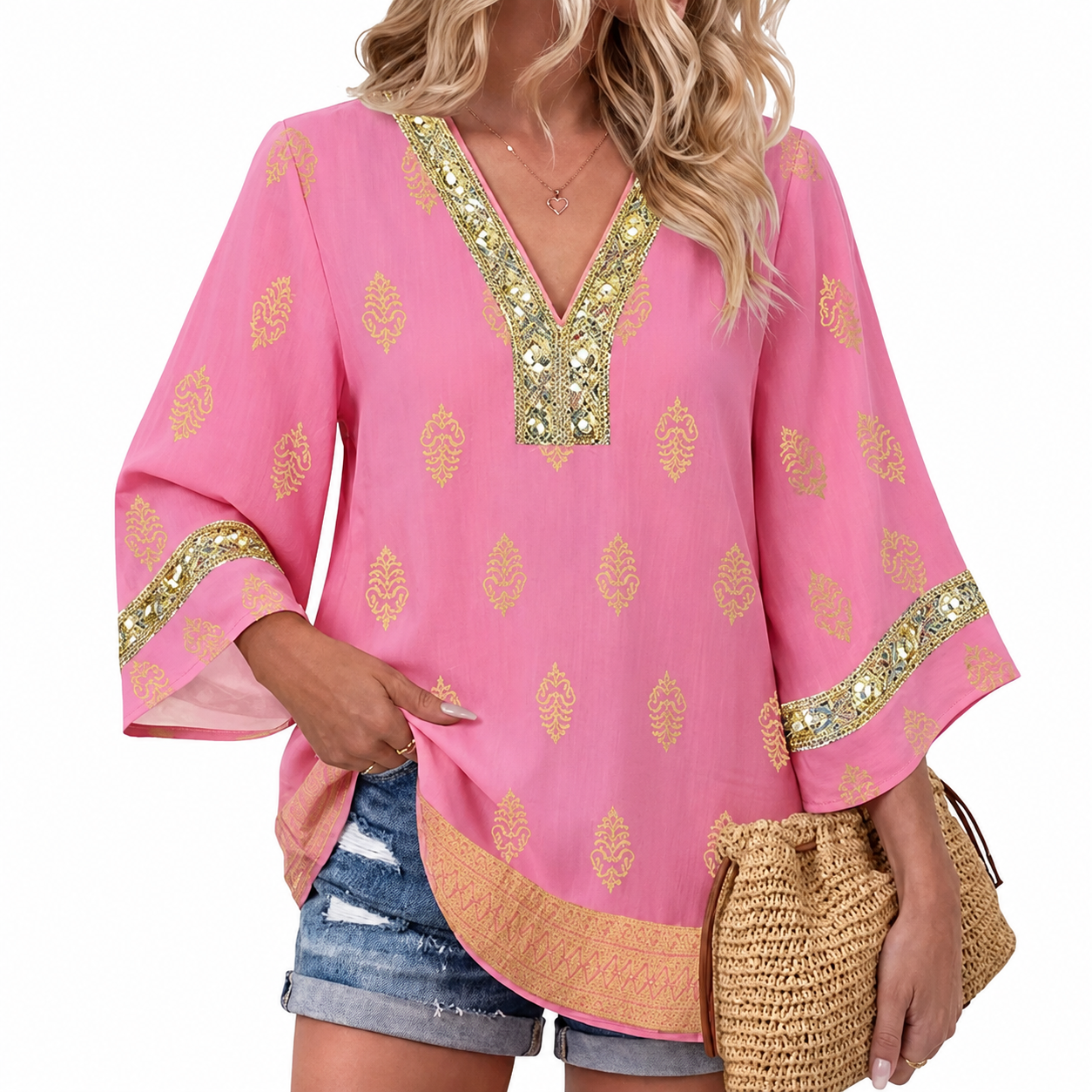 Women Boho Style Embroidered Sleeve Tunic Blouse For Casual Wear