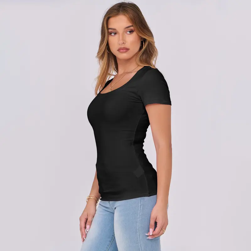 Short Sleeve Summer Trendy Casual Ribbed Knit Slim Fitted Basic  Minimalist Blouse Top
