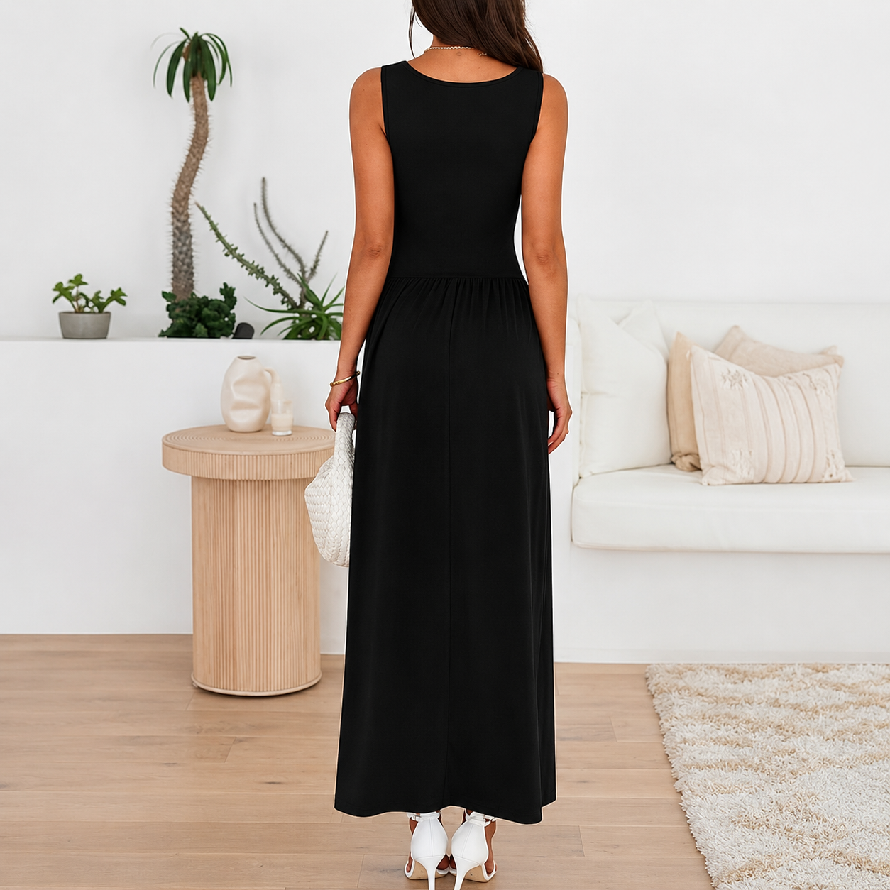 Flowy Sleeveless Maxi Sundress With Ruched Detail For Women