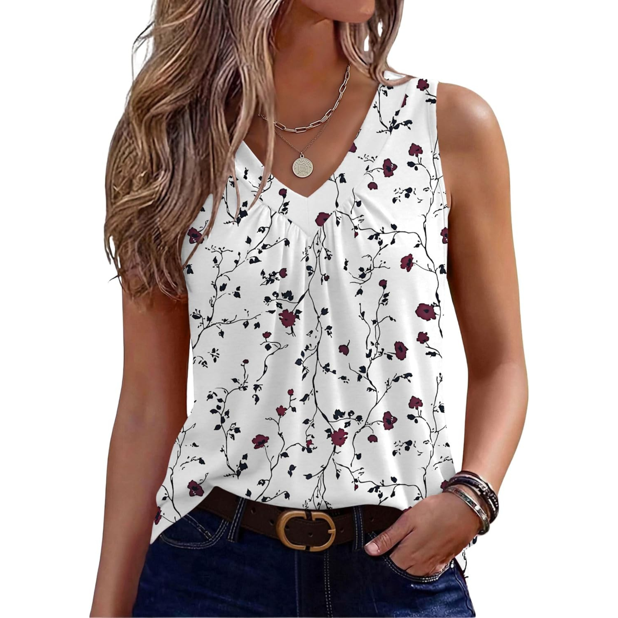 Womens Tank Tops Summer Sleeveless Loose Fit Tops V Neck Pleated Shirts Basic Tees Dressy Casual Trendy Clothes