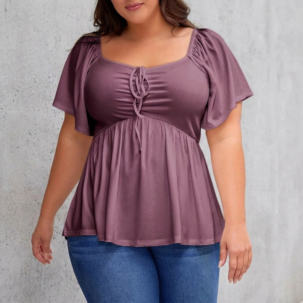 Plus Size Short Sleeve Shirred Peplum Top For Women