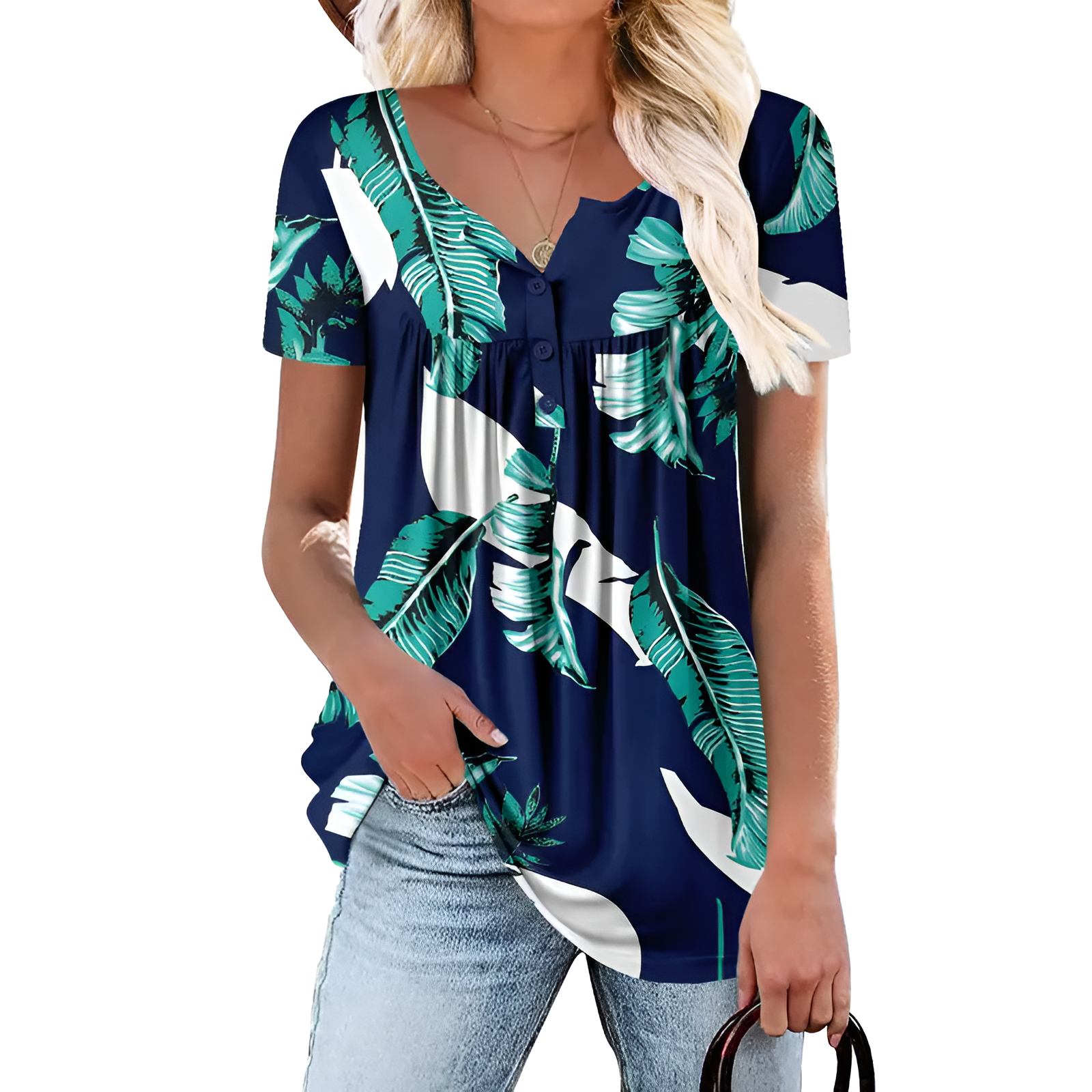 Floral Print Short Sleeve Summer Tunic Top Loose Fit Blouse