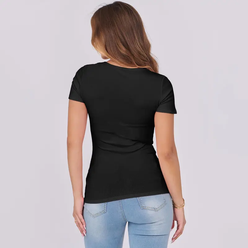 Short Sleeve Summer Trendy Casual Ribbed Knit Slim Fitted Basic  Minimalist Blouse Top