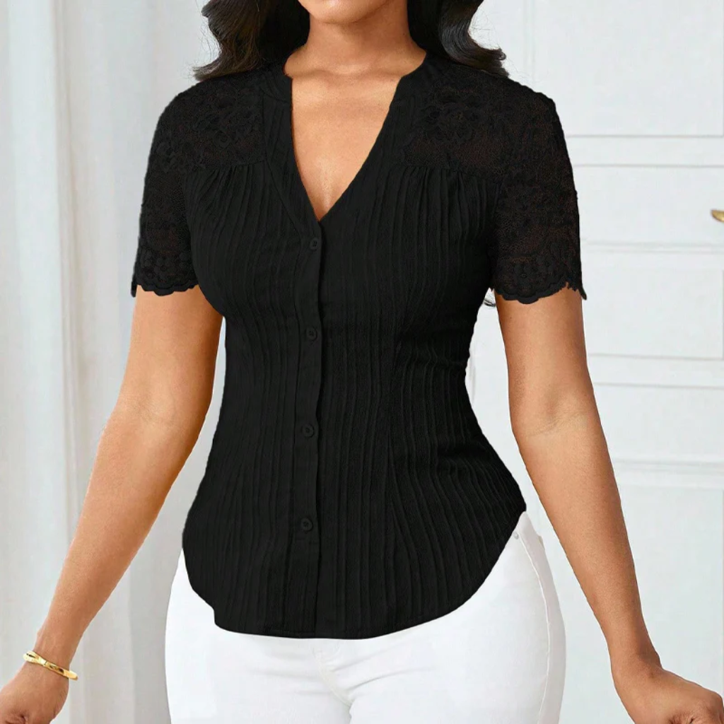Ribbed Knit Button Down Top With Lace Sleeves