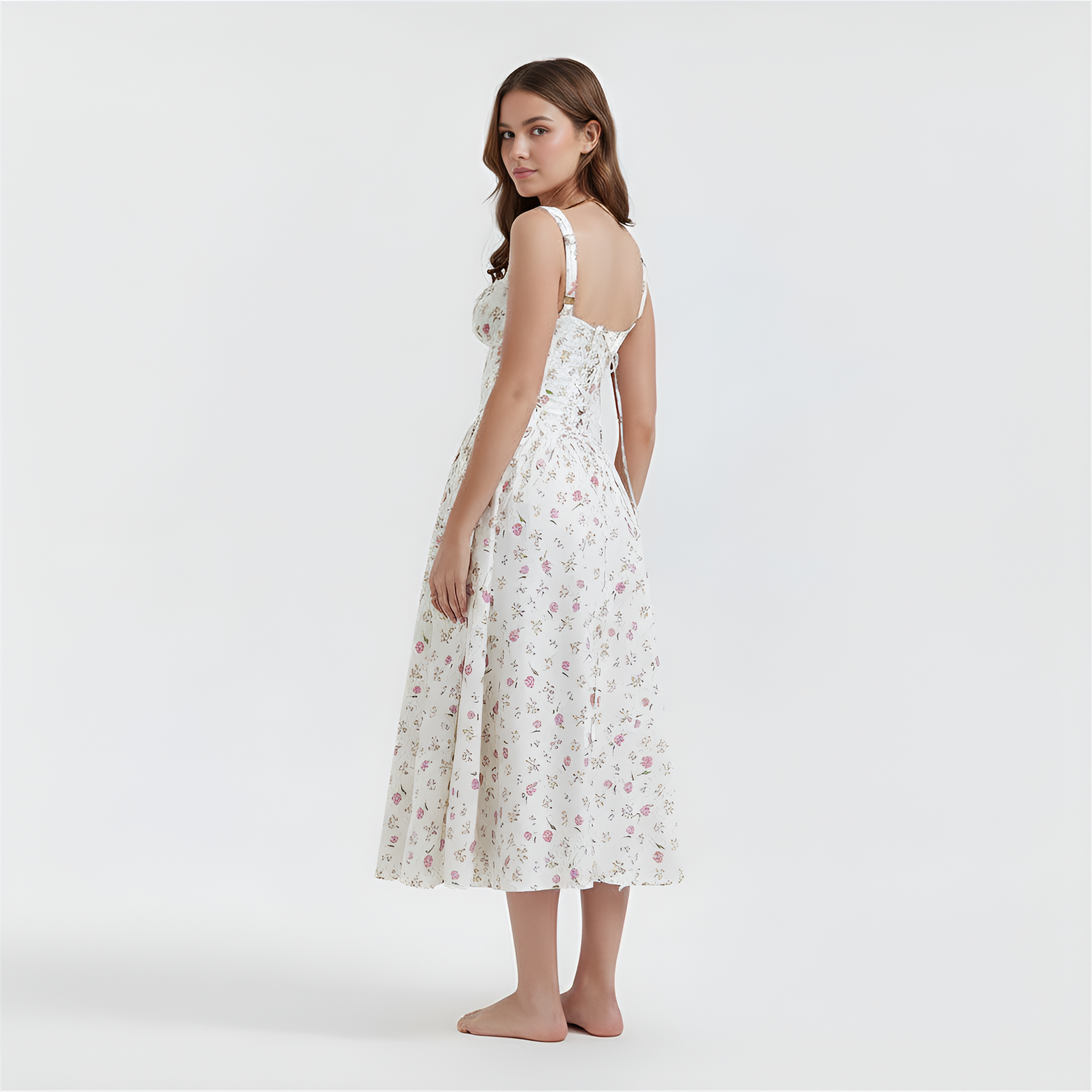 Vintage Floral A Line Corset Midi Dress Summer Sundress