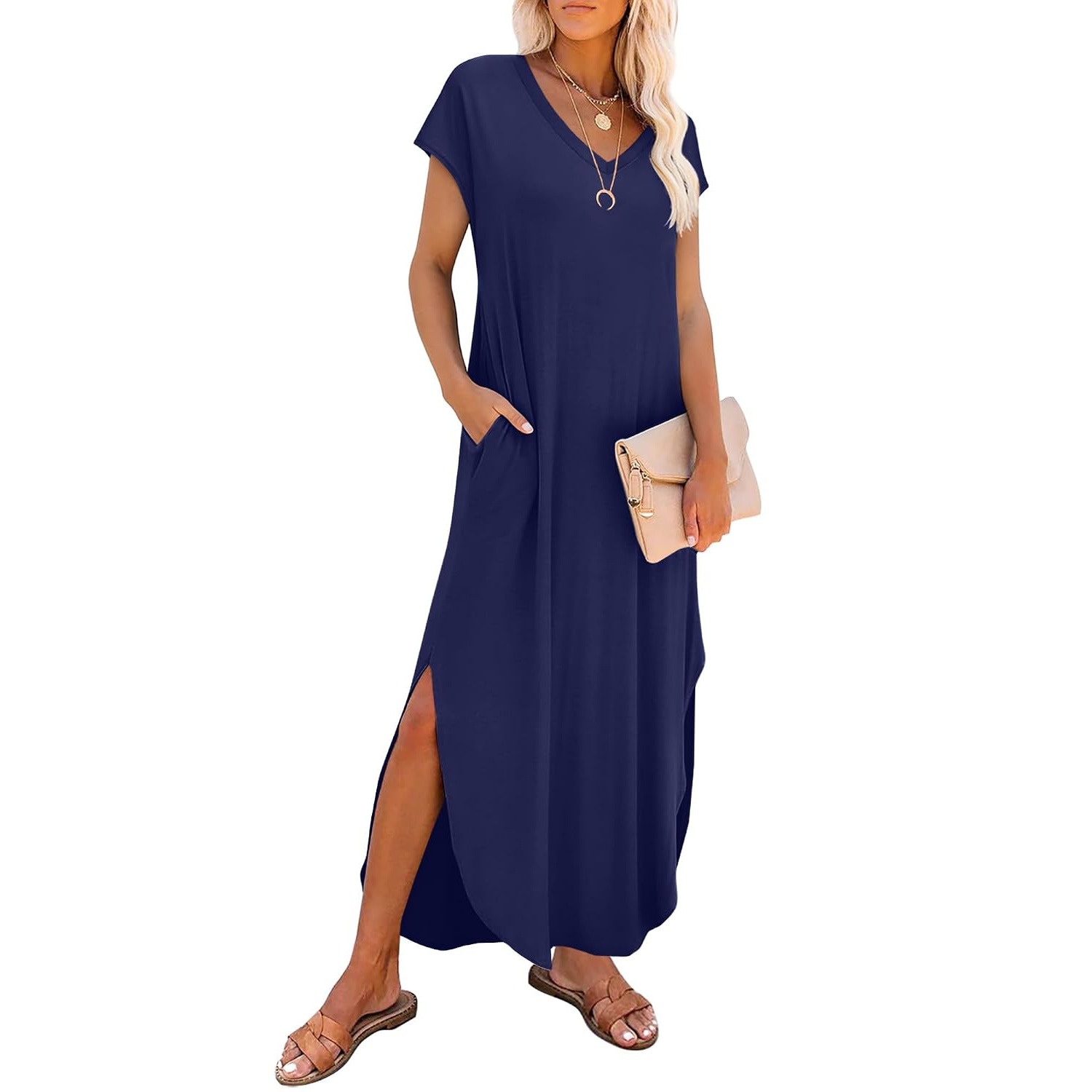 Summer Sundress Cap Sleeve ,Maxi Dress With Pockets For Women