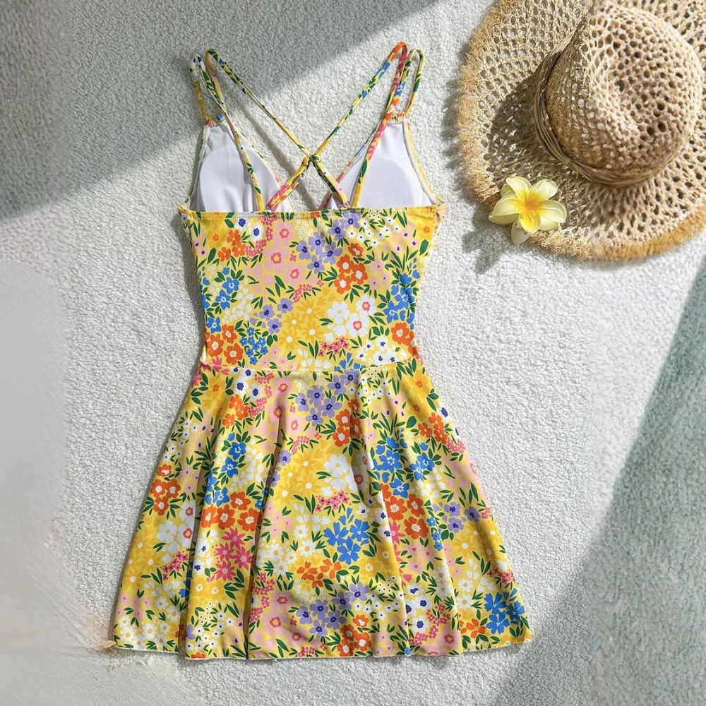 Women's Summer Beach Floral Print Drawstring Criss-Cross V-Neck Ruffle Skort Swimsuit Cover Up