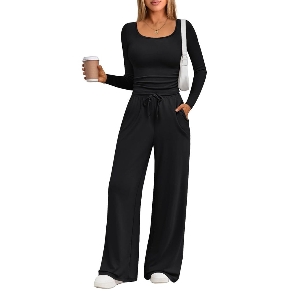 2 Piece Scoop Neck Lounge Set Womens Wide Leg Pants Side Ruching Slightly Crop Top