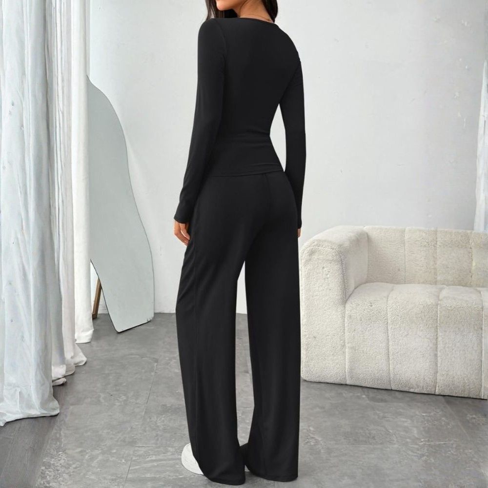 2 Piece Scoop Neck Lounge Set Womens Wide Leg Pants Side Ruching Slightly Crop Top