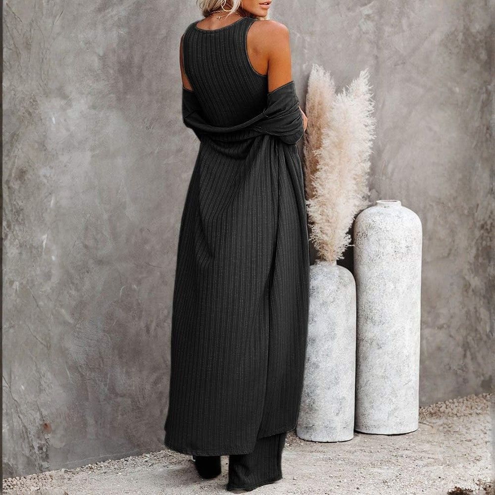 Women's 3 Piece Lounge Sets Pajamas Knit Long Sleeve Cardigan Crop Top Wide Leg Pants