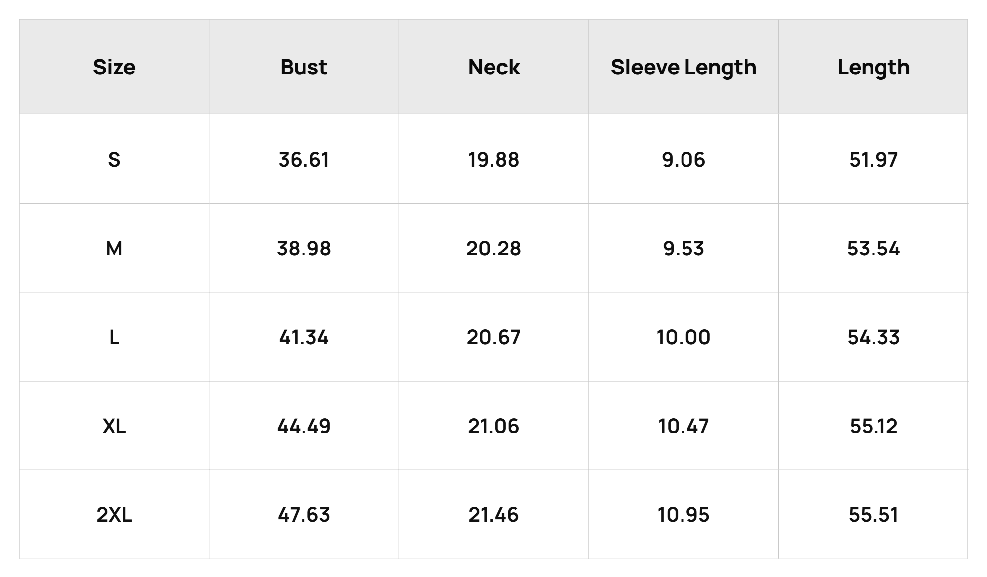 Size Chart Product measurements