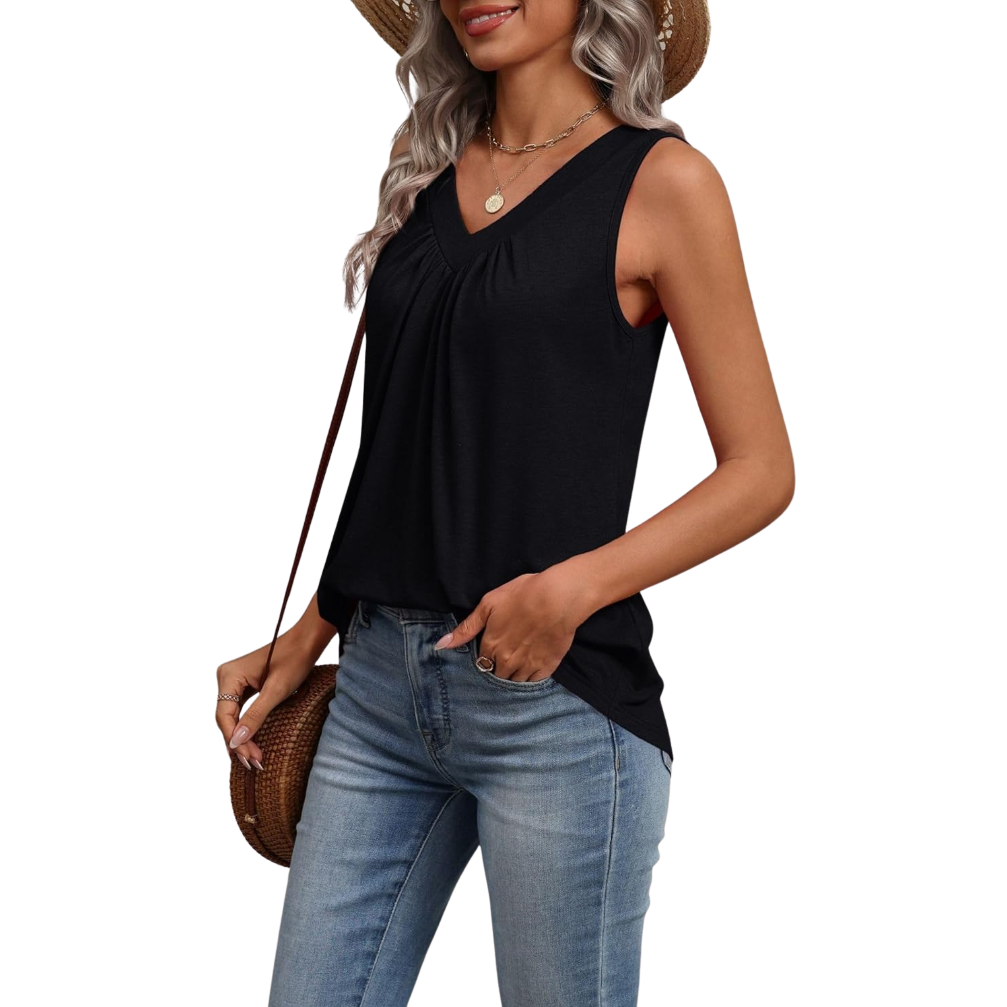 Womens Tank Tops Summer Sleeveless Loose Fit Tops V Neck Pleated Shirts Basic Tees Dressy Casual Trendy Clothes
