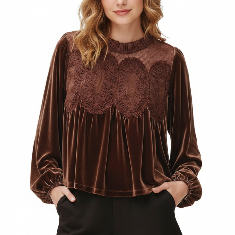 Long Sleeve Velvet Trim Lace Blouse Elegant Flared Swing Top For Women