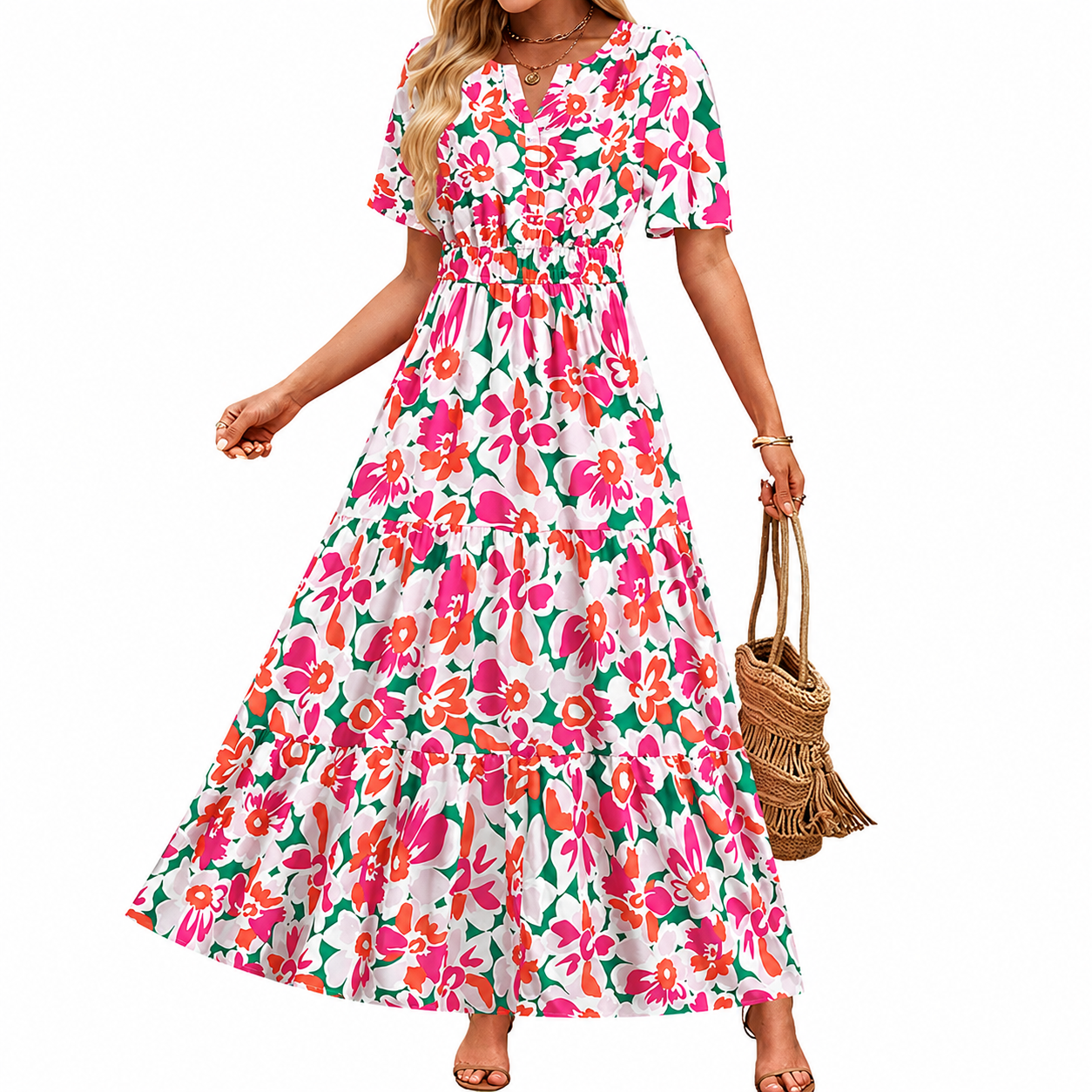 Summer And Spring Floral Casual V Neck Maxi Dresses For Women