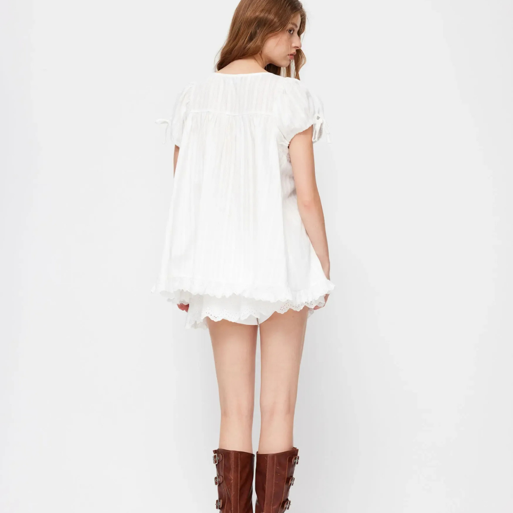 Flared Ruffle Short Sleeve Cotton Babydoll Mini Dress