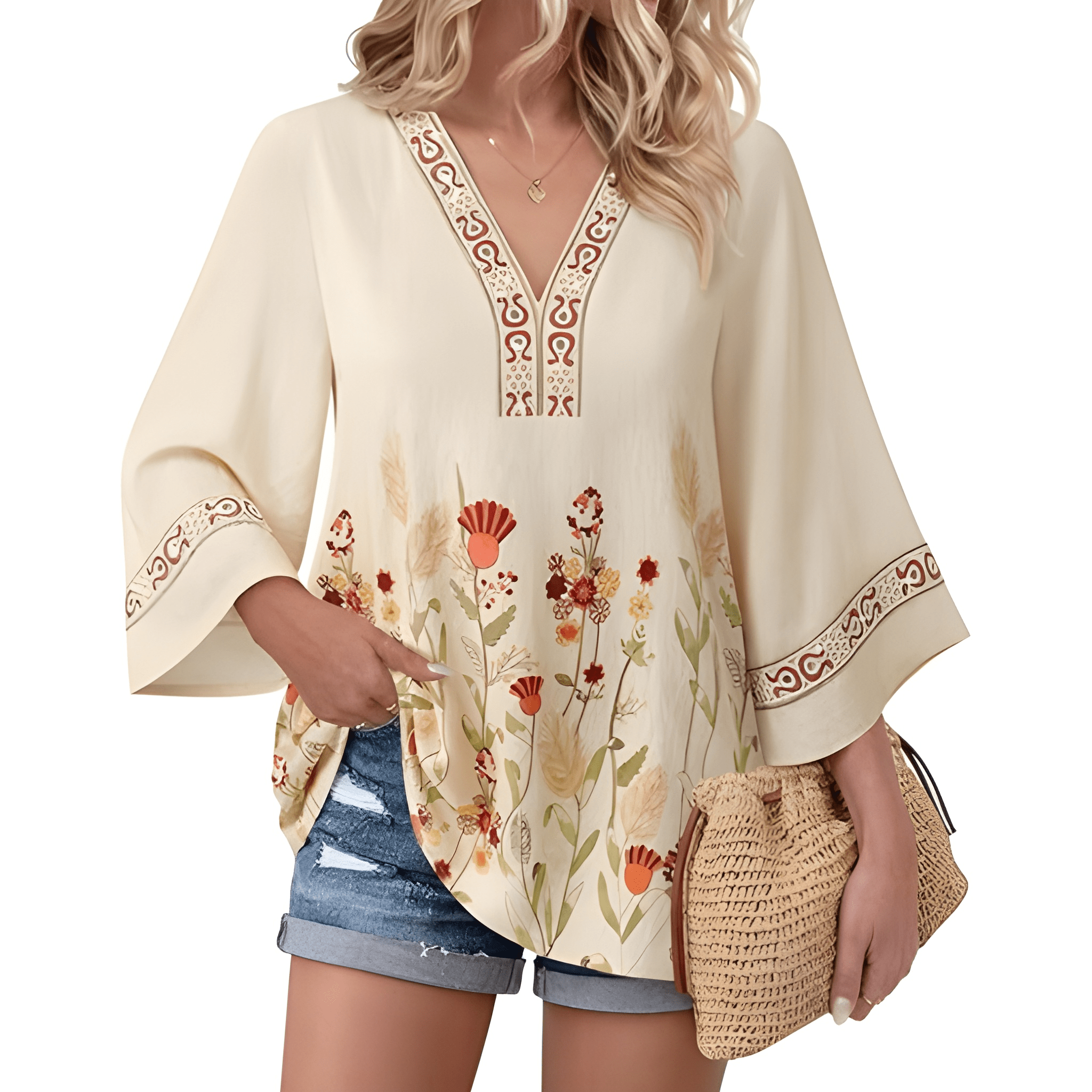 Women Boho Style Embroidered Sleeve Tunic Blouse For Casual Wear