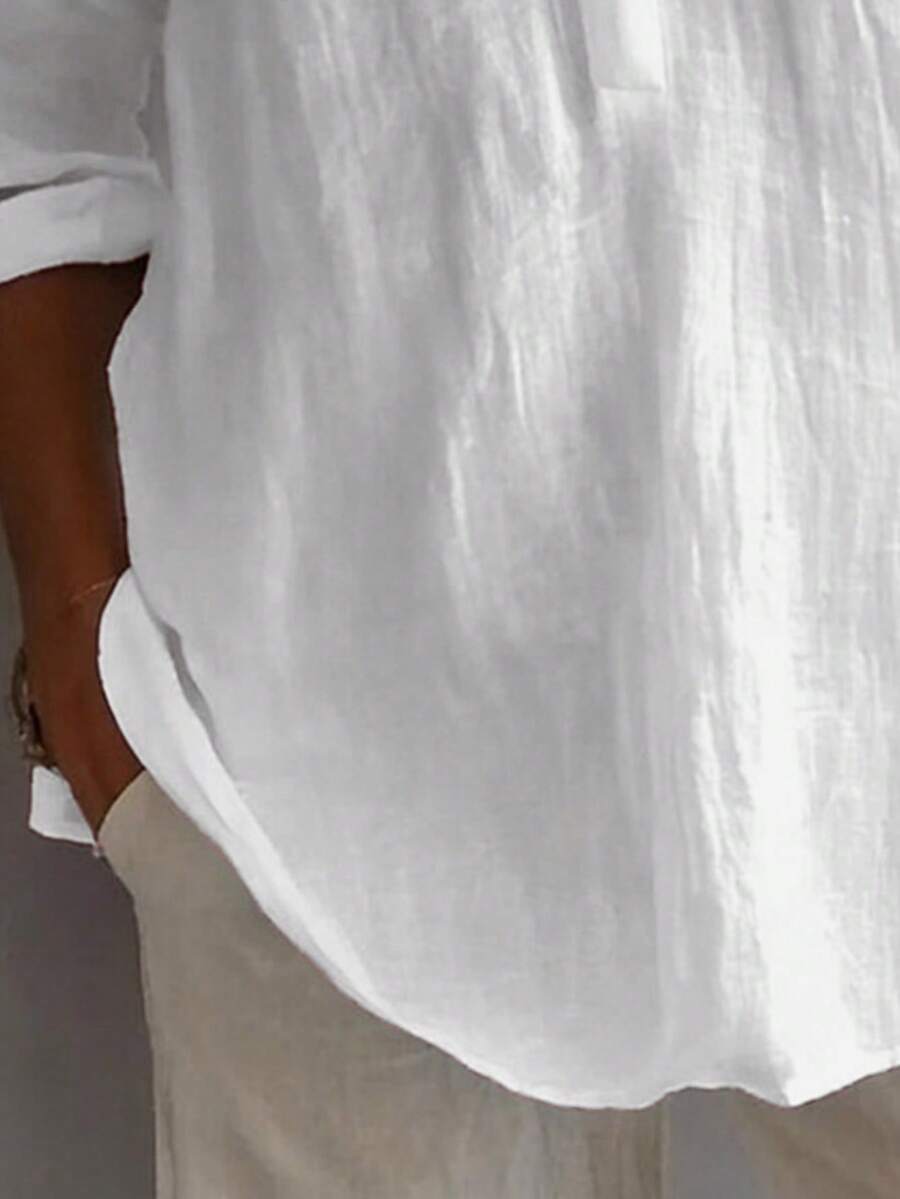 Women's Solid Color Loose Casual Square Neck Half-Button Shirt White - White - View 5