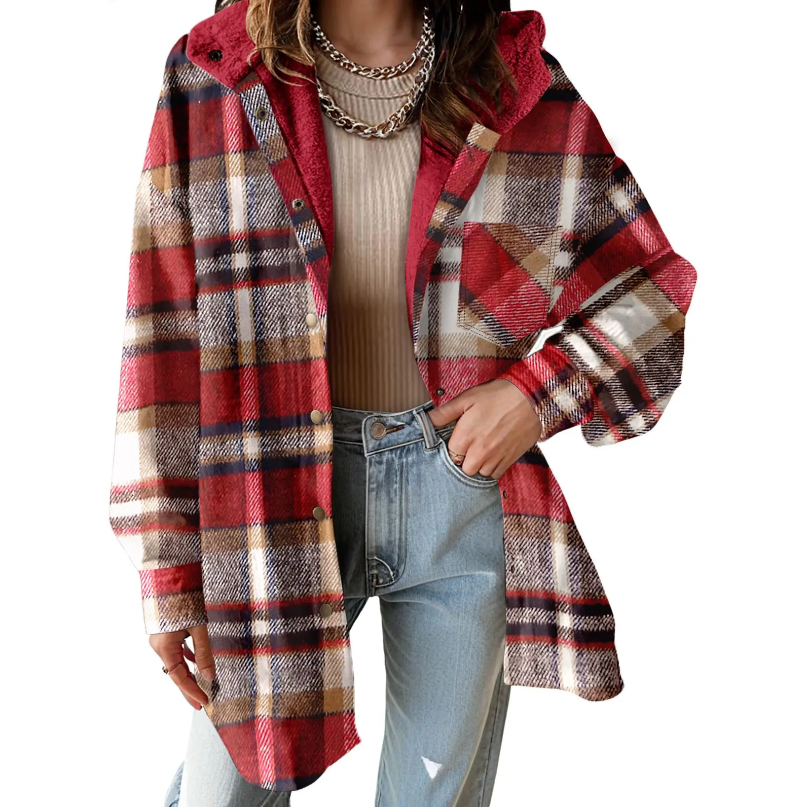 Casual Button Down Plaid Fleece Jacket With Hood For Women