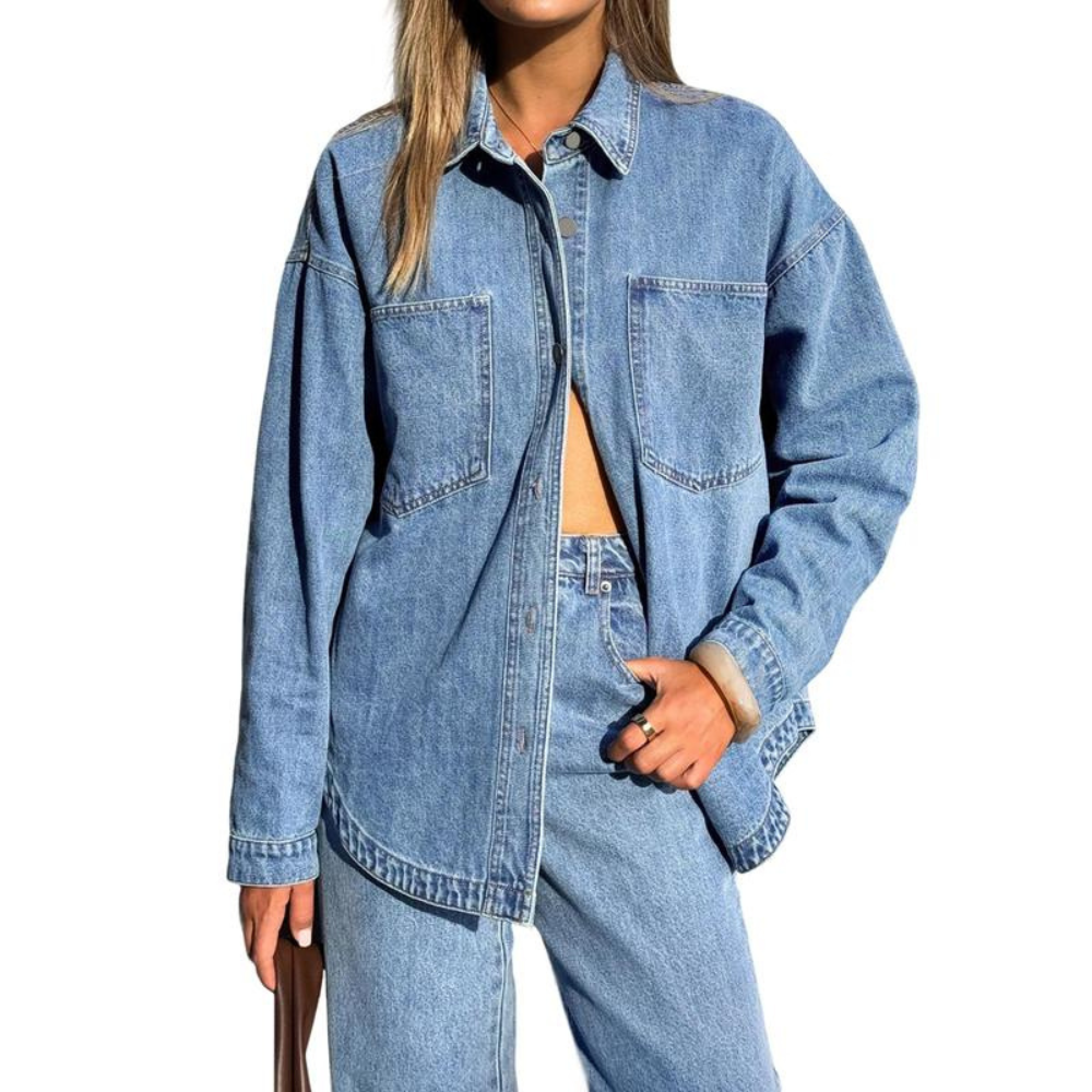 Casual Denim Shirt With Front Button Closure And Dual Pockets For Women