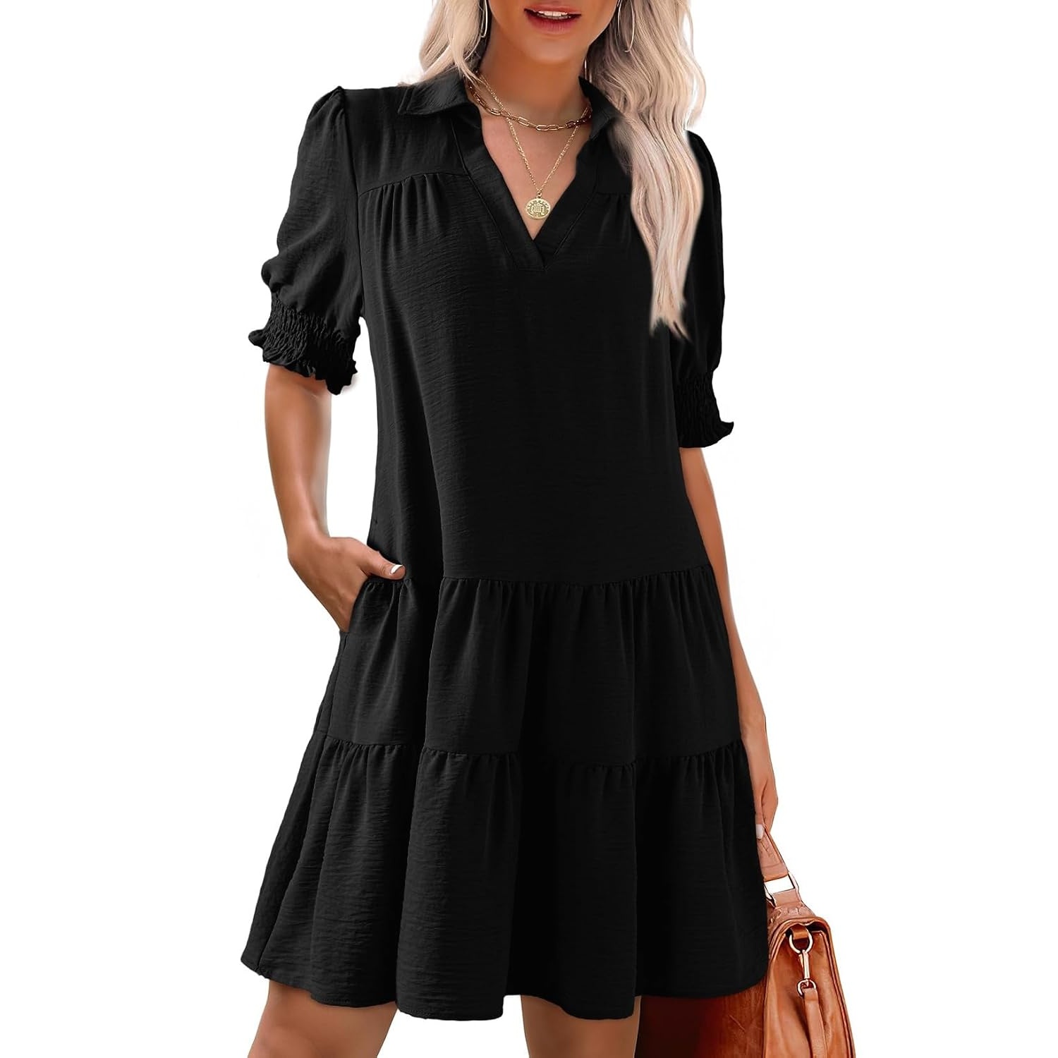 Casual Collared V Patterned Pleated Midi Summer Dress