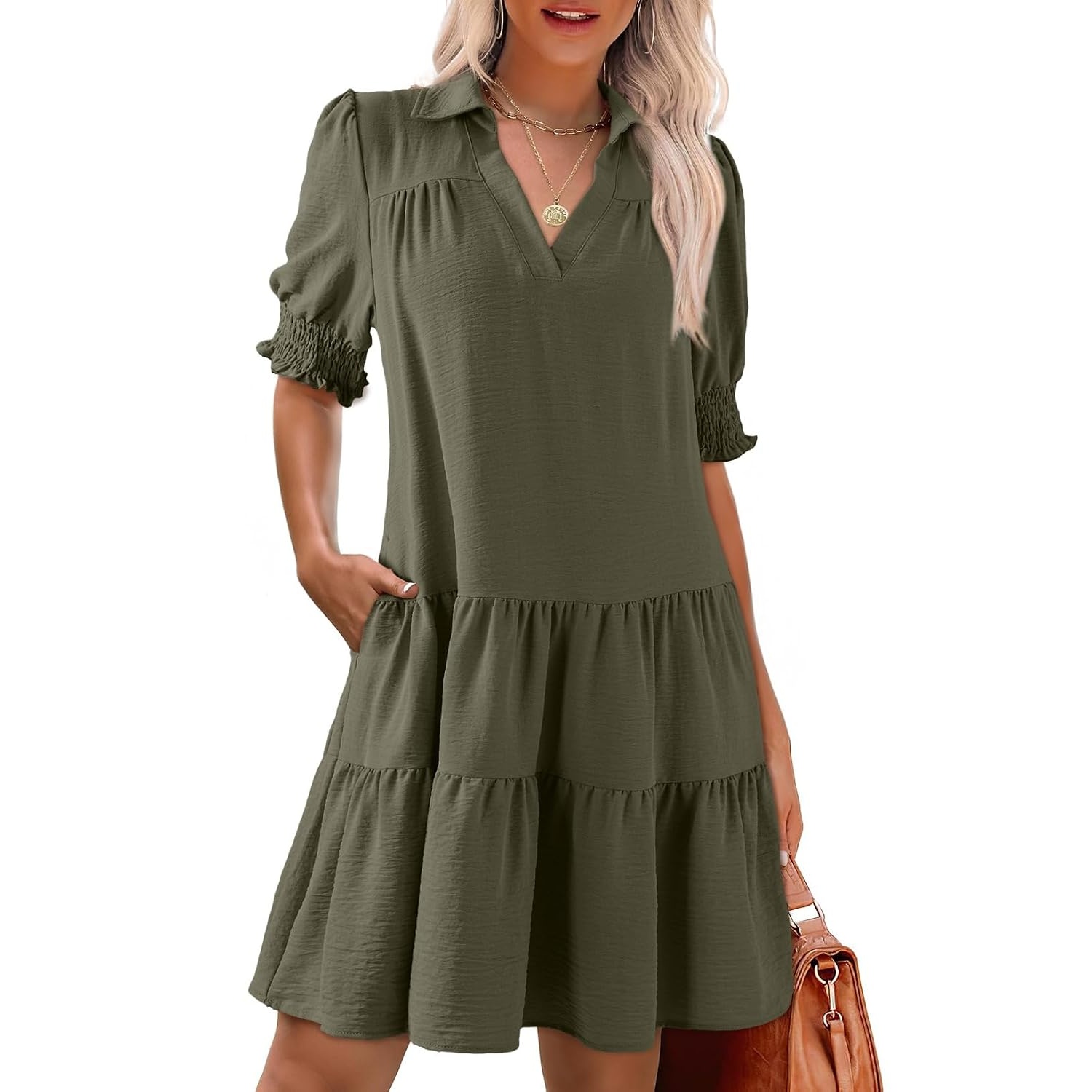 Casual Collared V Patterned Pleated Midi Summer Dress