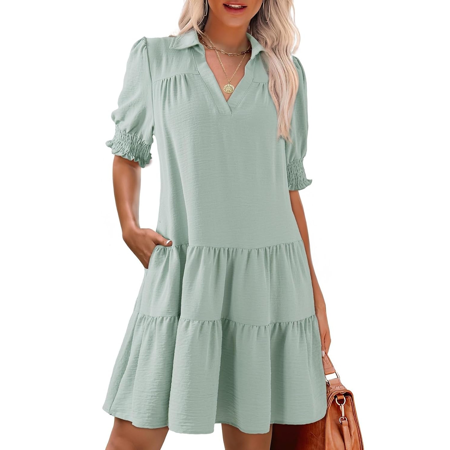 Casual Collared V Patterned Pleated Midi Summer Dress