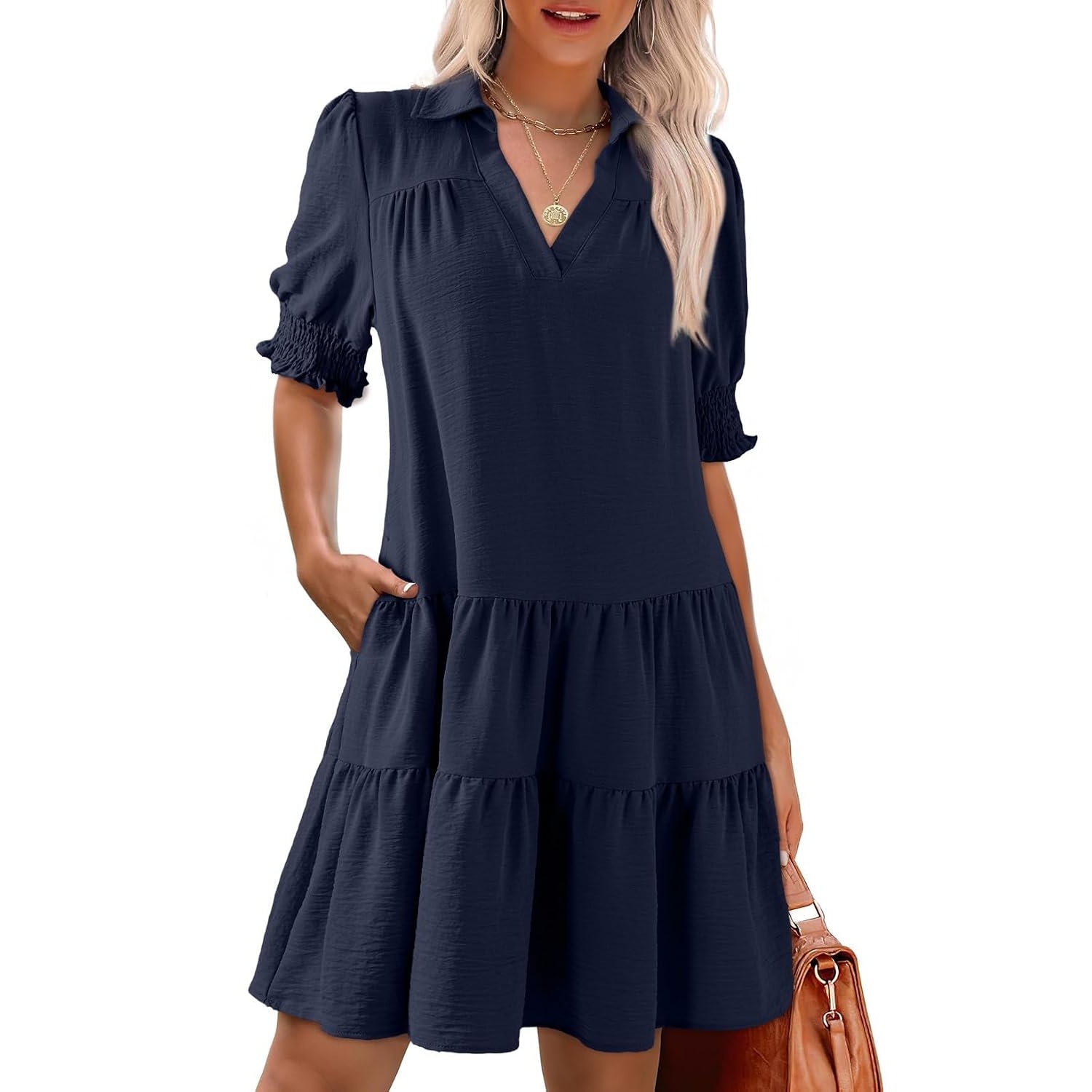 Casual Collared V Patterned Pleated Midi Summer Dress