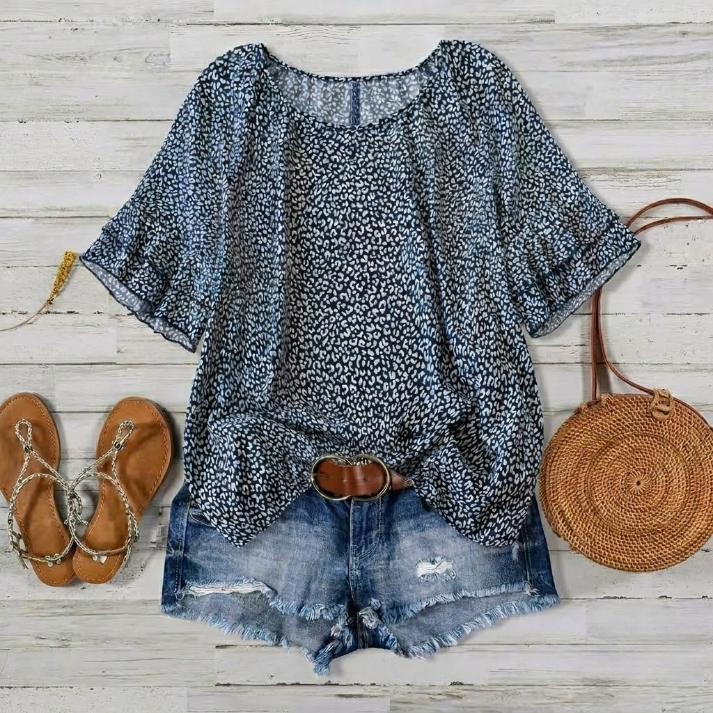 All Over Print Ruffle Layered Short Sleeve Woven Blouse Top For Women