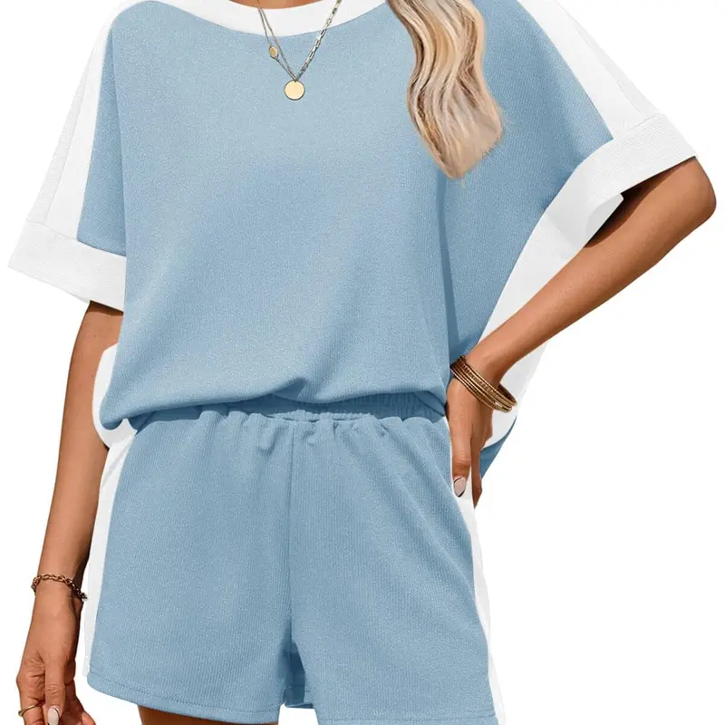 2 Piece Of Summer Wear Oversized Short Sleeve Top And Shorts Matching Outfit Set For Women