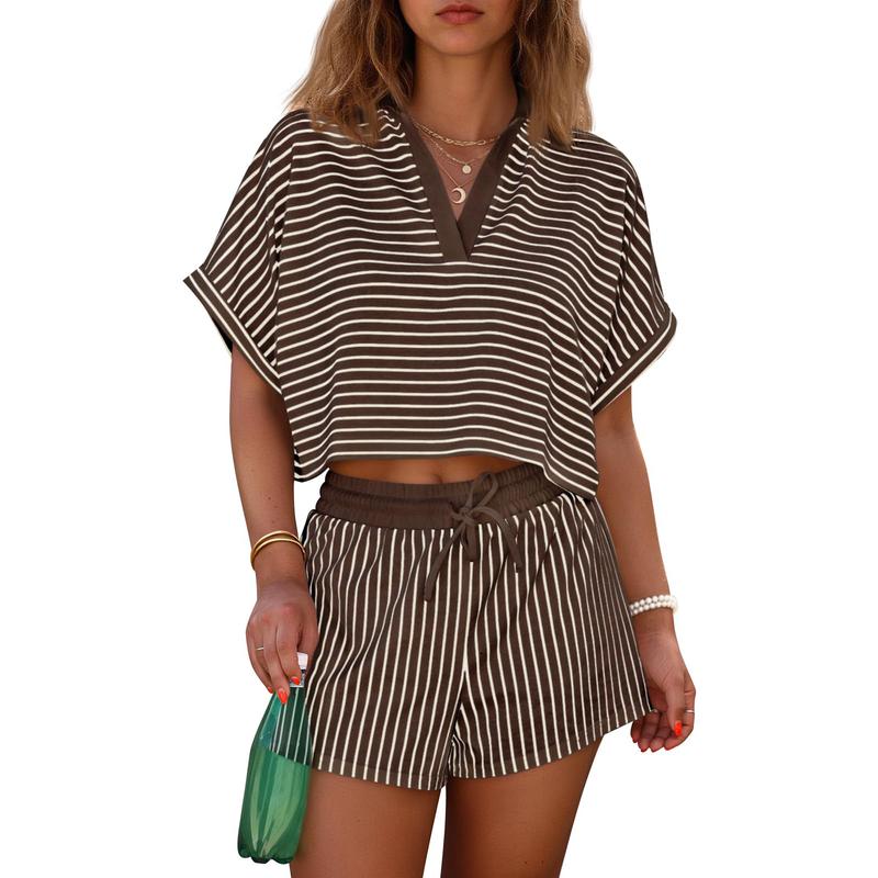 2 Pieces Short Sleeve Striped Matching Set For Women