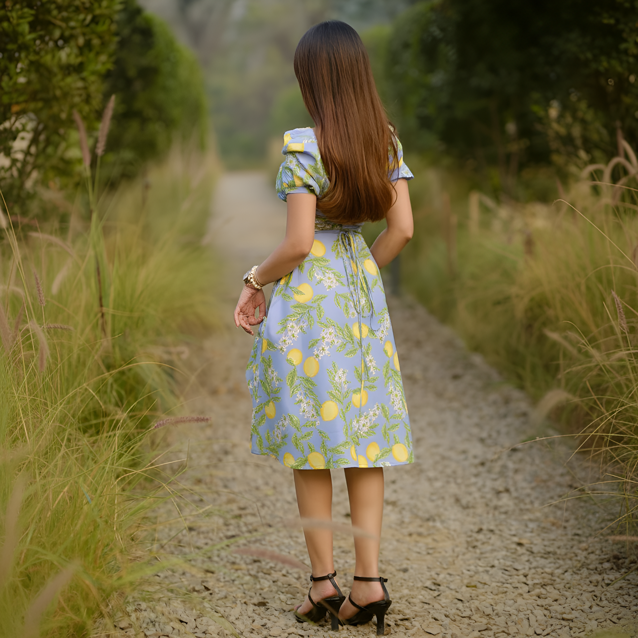 Lemon Printed Midi Dress With Puff Sleeve Detail For Women