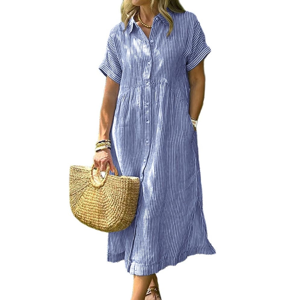 Summer Striped Button Down Midi Shirt Dress