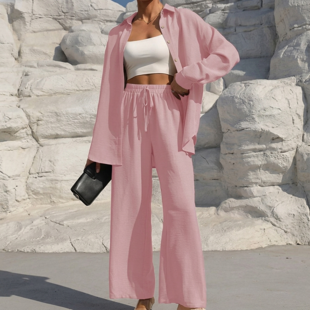 Casual 2 Piece Long Sleeve Shirt And Wide Fit Trouser Set For Women