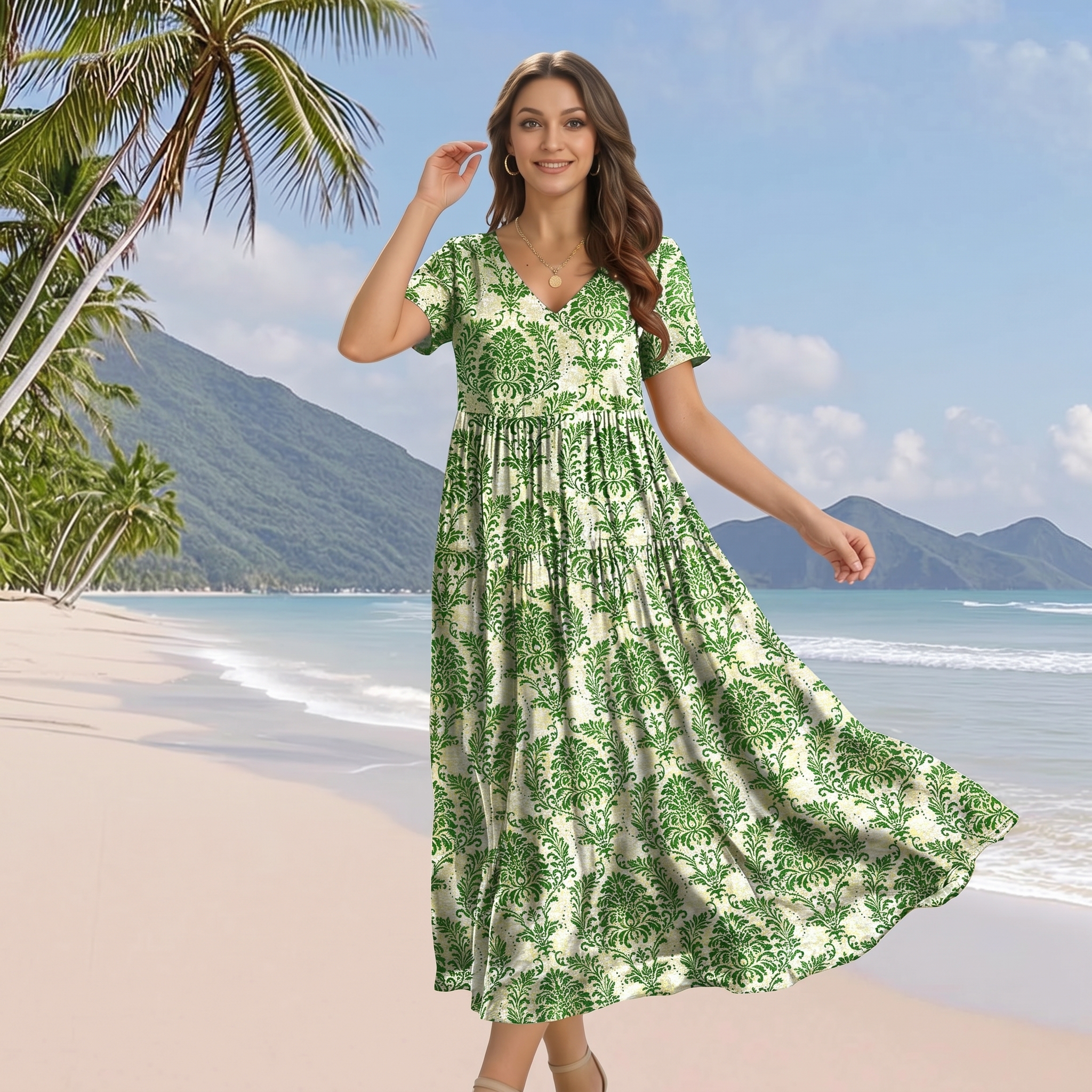 Floral V Neck Boho Maxi Swing Dress with Pockets