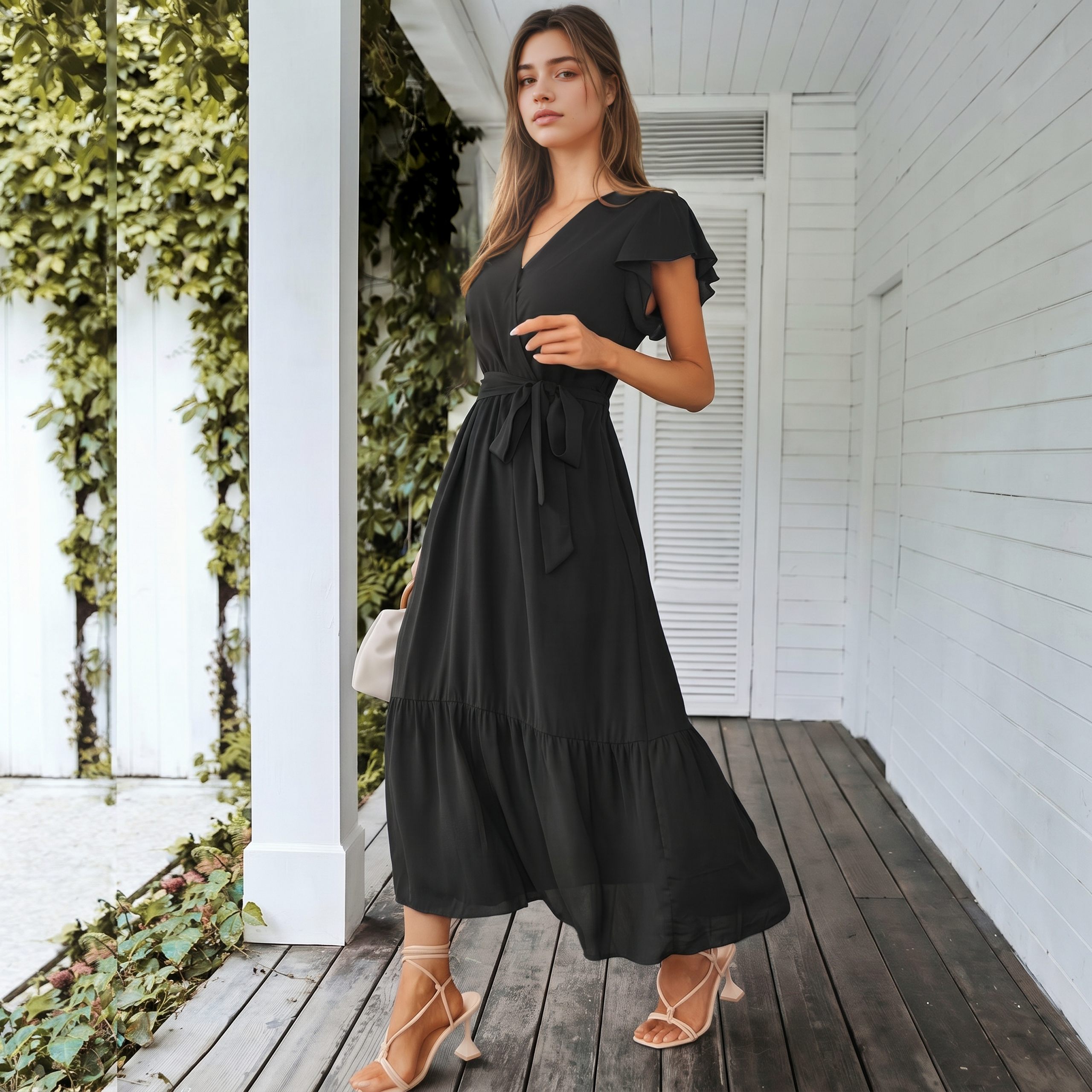 Floral And Boho Wrap Ruffle Maxi Dress V For Women