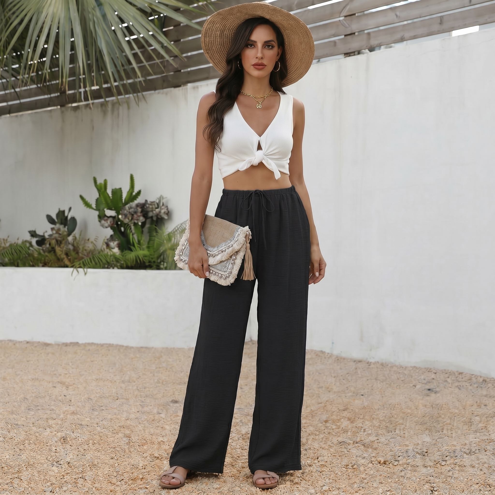 Wide Pants for Women Flowy Palazzo Drawstring Elastic Trousers with Pockets Summer Beach Vacation Clothes